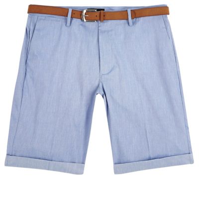 Blue belted slim fit shorts